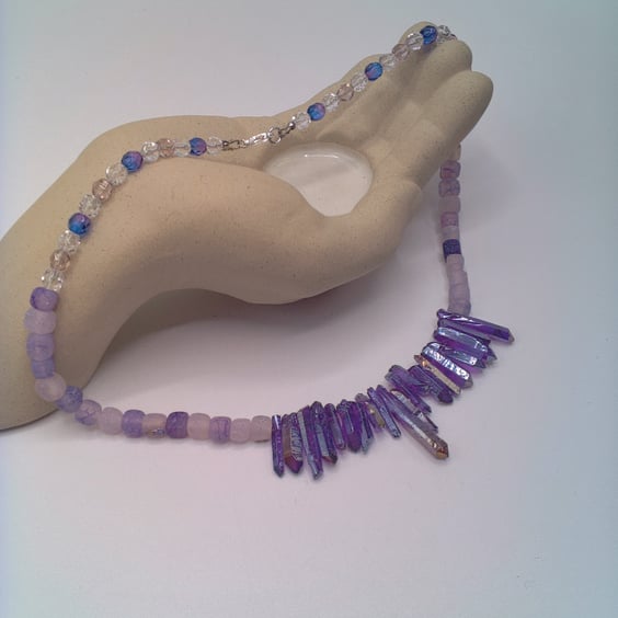 Purple Shards Lilac Cracked Agate Cube and Purple & Clear Crystals Necklace
