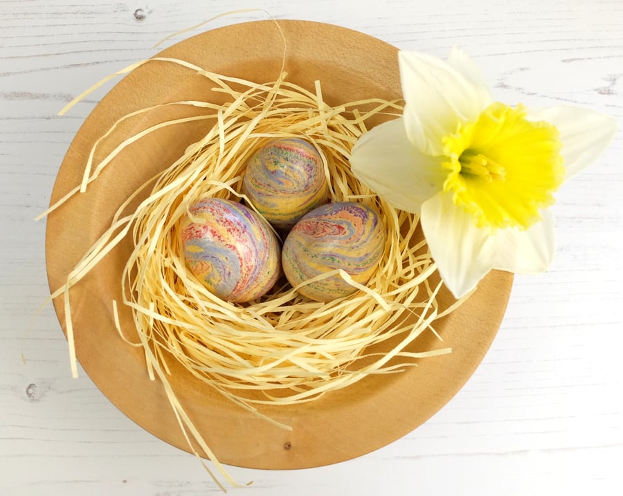 Set of 3 wood rainbow marbled eggs Easter decor 
