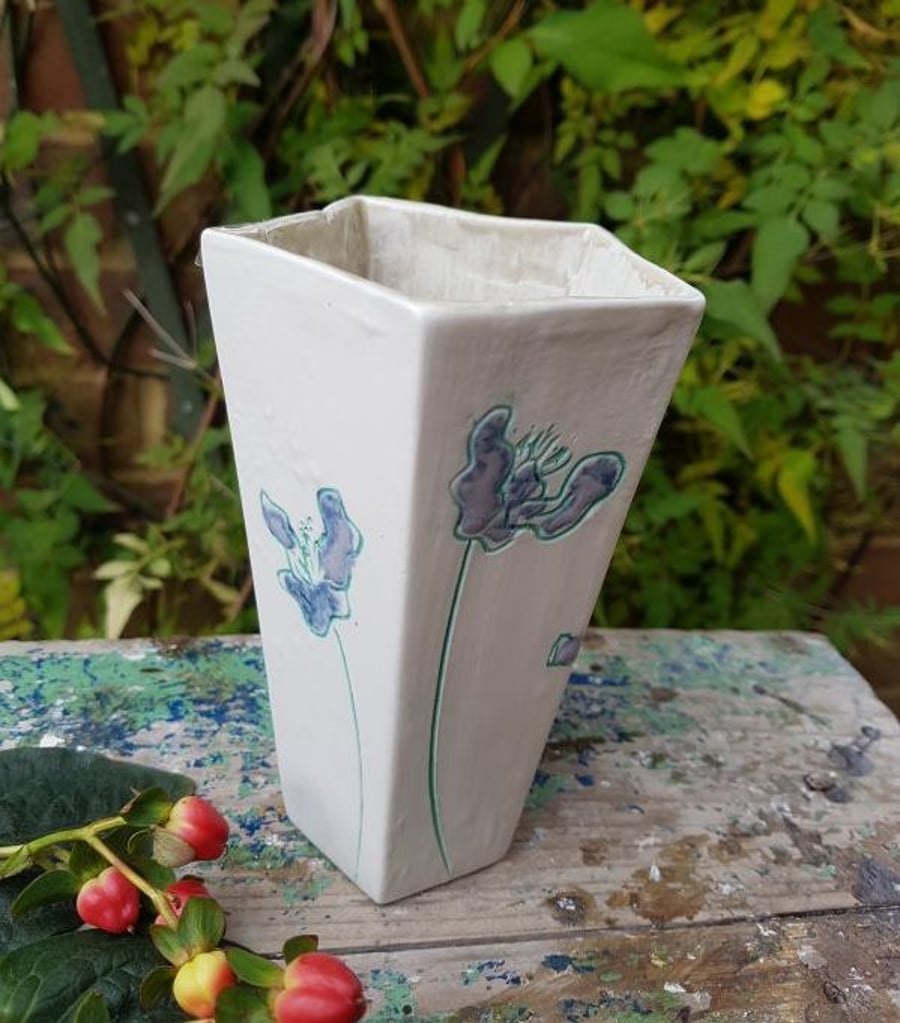 Lilac & Mint Green Flowers Pentagonal Ceramic Vase