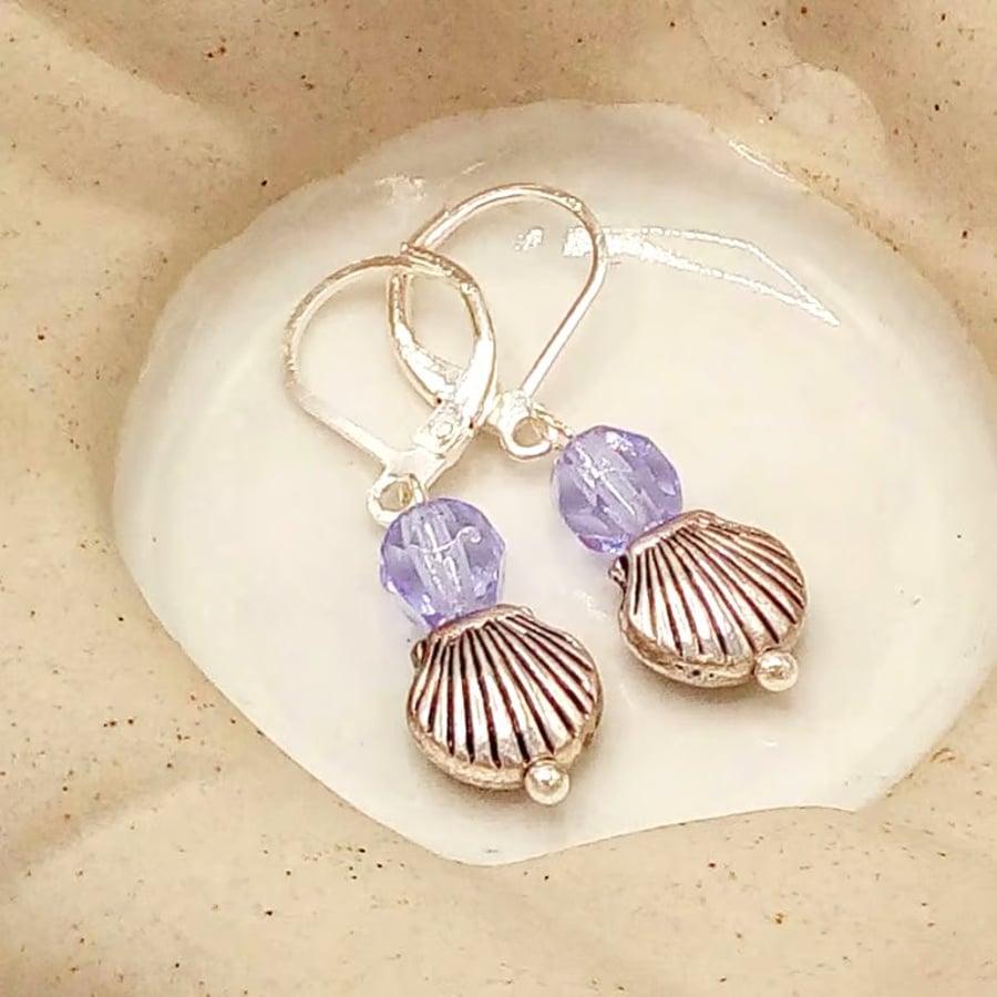 Silver Clam Shell and Lilac Glass Crystal Lever Back Earrings, Gift for Her