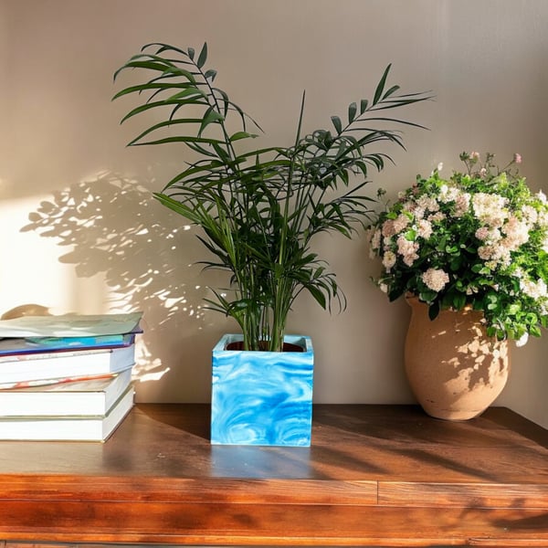 Square Plant Pot - Cloudy Blue Sky Cube Planter made from Stonecast