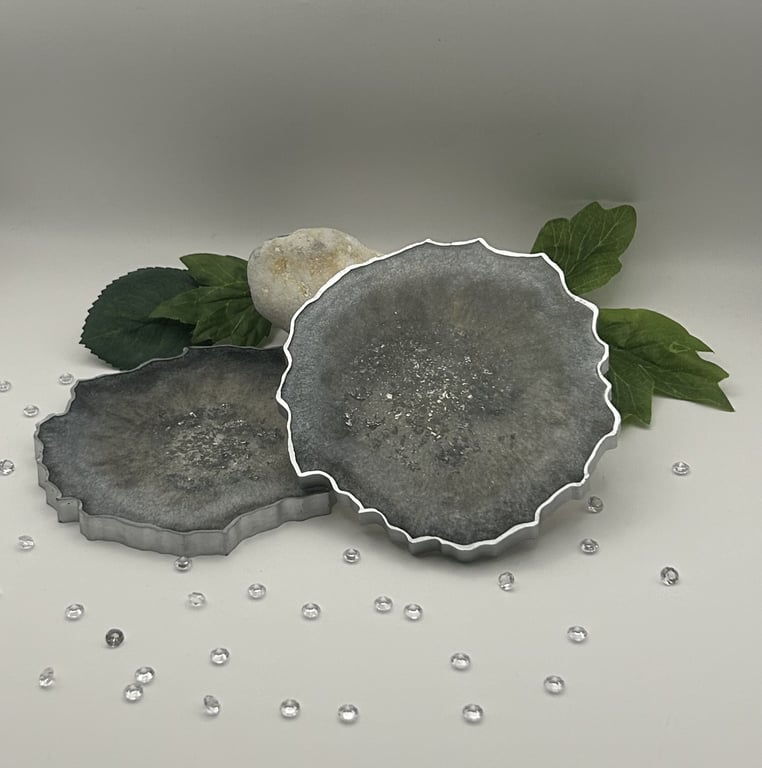 Resin Geode Style Set of 2 Coasters in Black and Silver with Silver Leaf