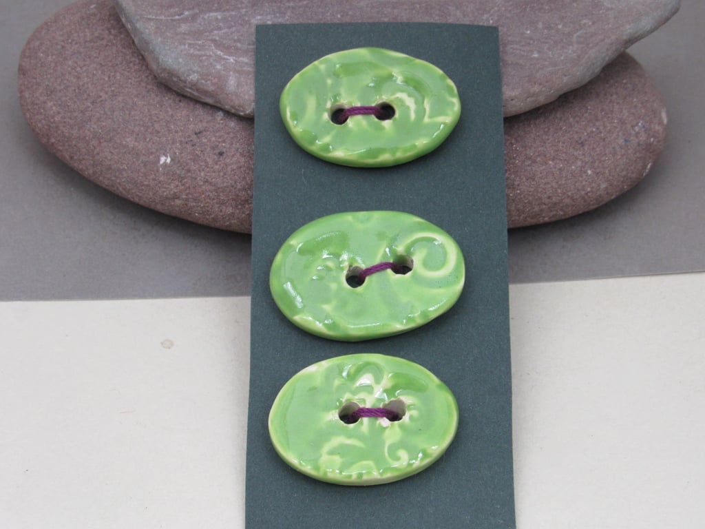 3 Medium Oval Apple Green Brocade Pattern Ceramic Buttons
