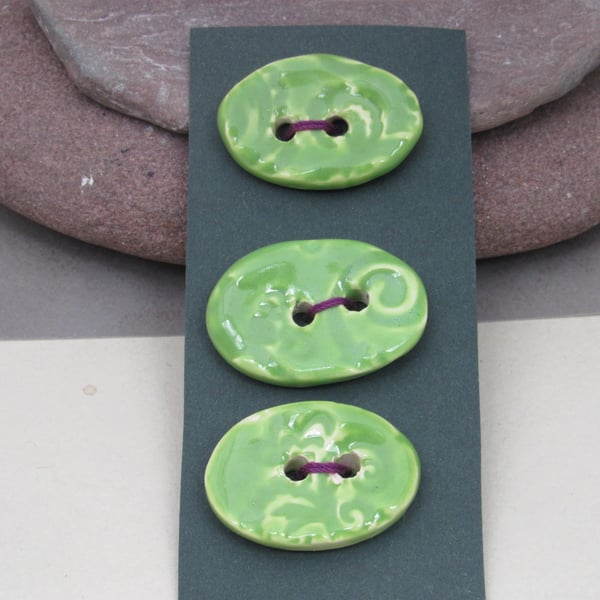3 Medium Oval Apple Green Brocade Pattern Ceramic Buttons