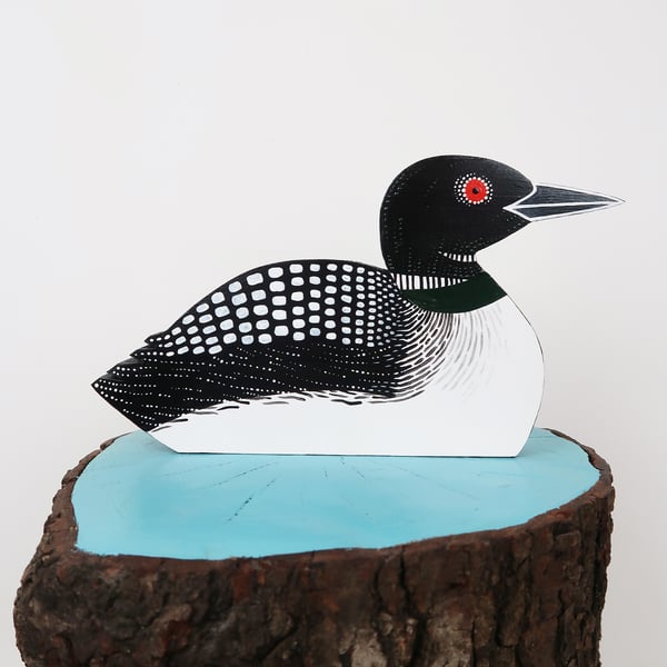 Loon ornament, hand painted wooden diver bird art, water bird decoration.