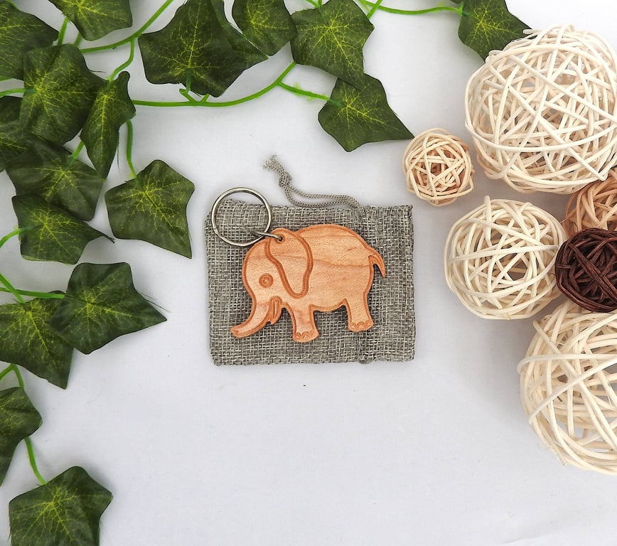 Elephant Keyring, Wood Elephant Keychain with Gift Bag