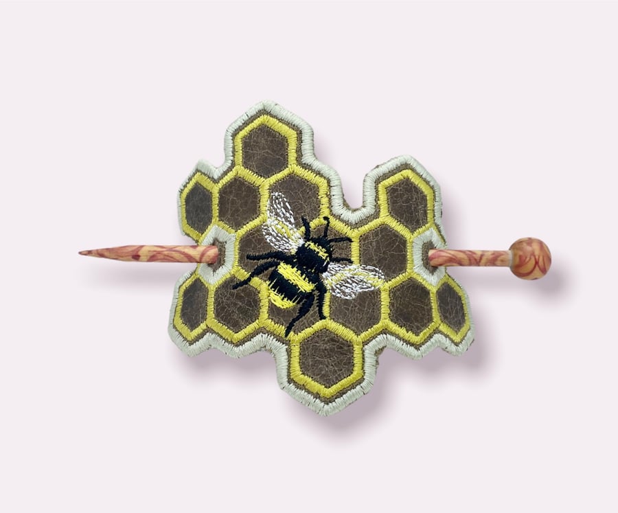 Leather Bun Holder Honey Bee - Stick Barrette - Hair Thingie - Hair Accessories 