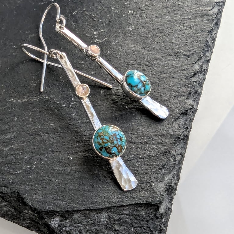 NATURAL TURQUOISE & MOONSTONE Handmade Silver drop earrings