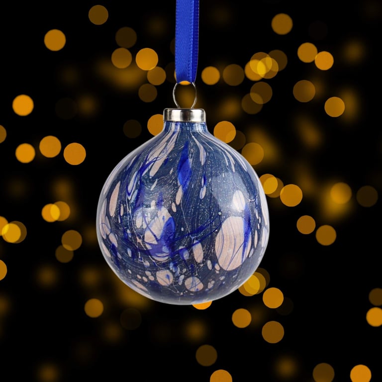 Blue and pale copper striped marbled 5cm round ceramic Christmas bauble 