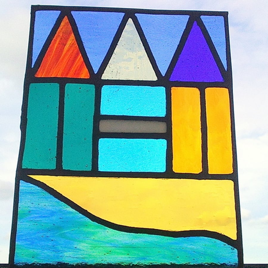 Beach Huts Stained Glass Panel