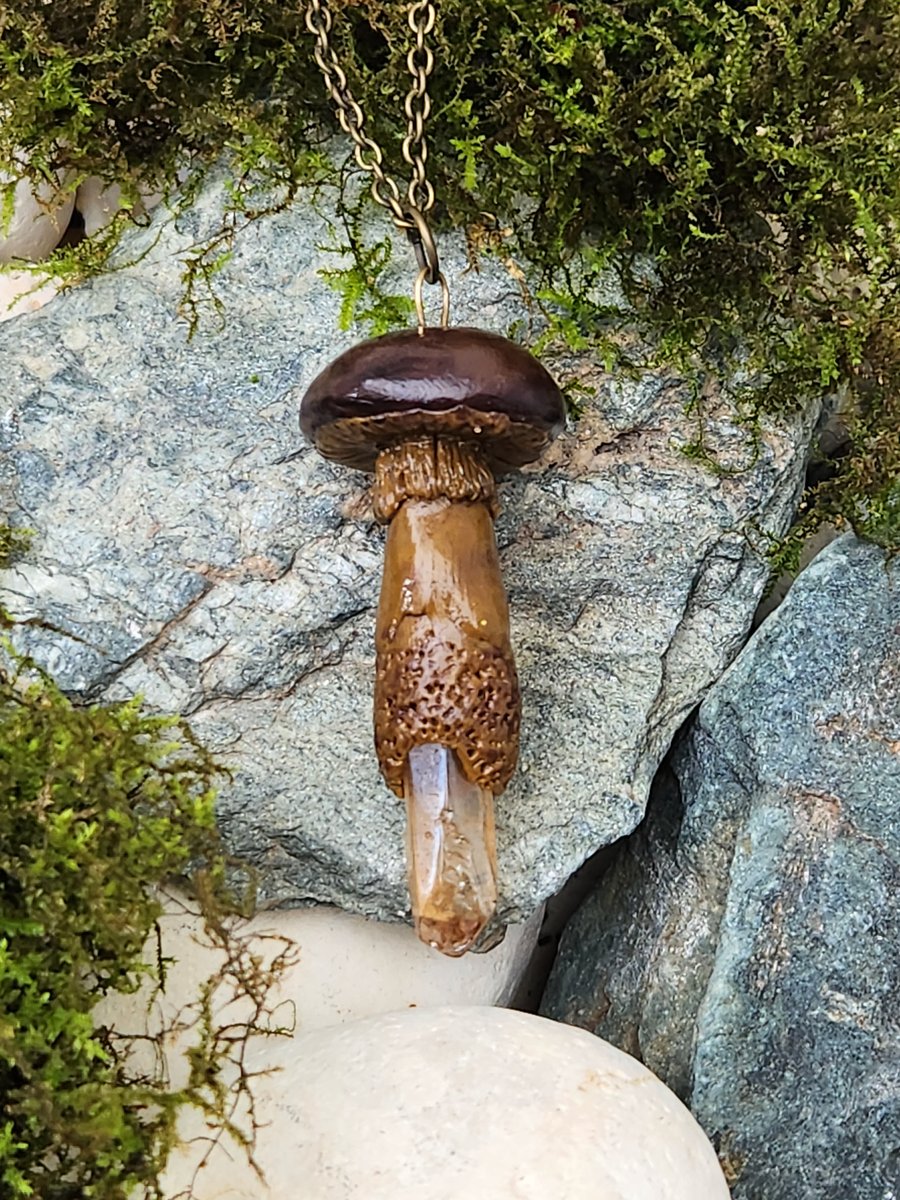 Woodland inspired brown Polymer Clay Mushroom sculpted crystal necklace