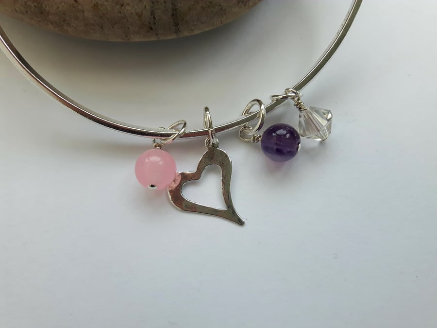 Silver Bangle with amethyst, rose quartz, heart charm and Swarovski crystal 