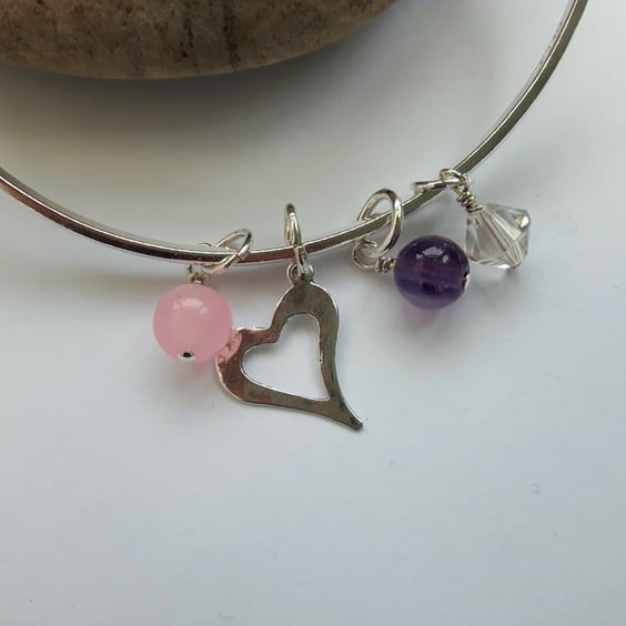 Silver Bangle with amethyst, rose quartz, heart charm and Swarovski crystal 