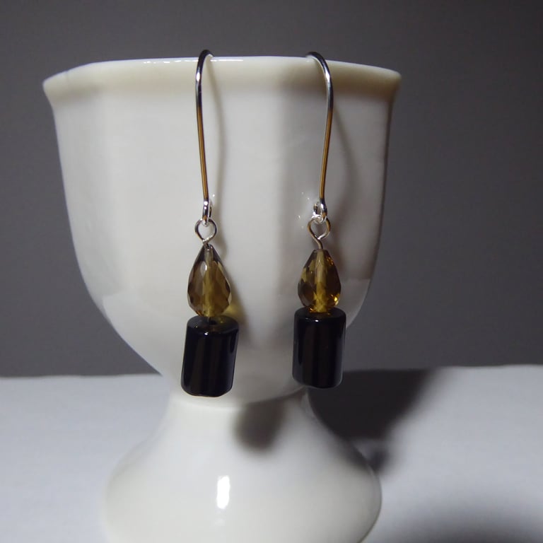 Sterling Silver Earrings with Black Onyx Candle & Faceted Honey Quartz Flame