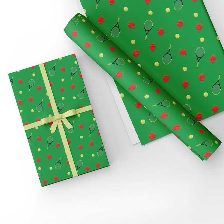 Gift Wrap Tennis Design & Matching Tag-Tennis-Strawberries Gift Wrap Green-LG32