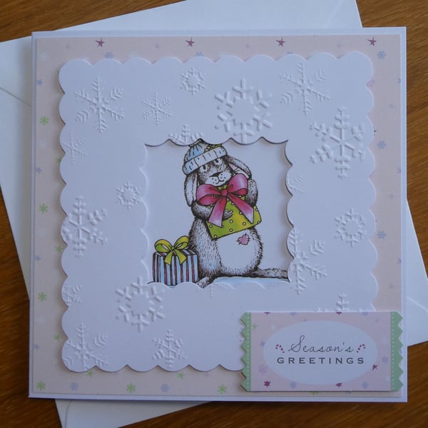 Season's Greetings Christmas Card - Bunny With Snowflake Frame