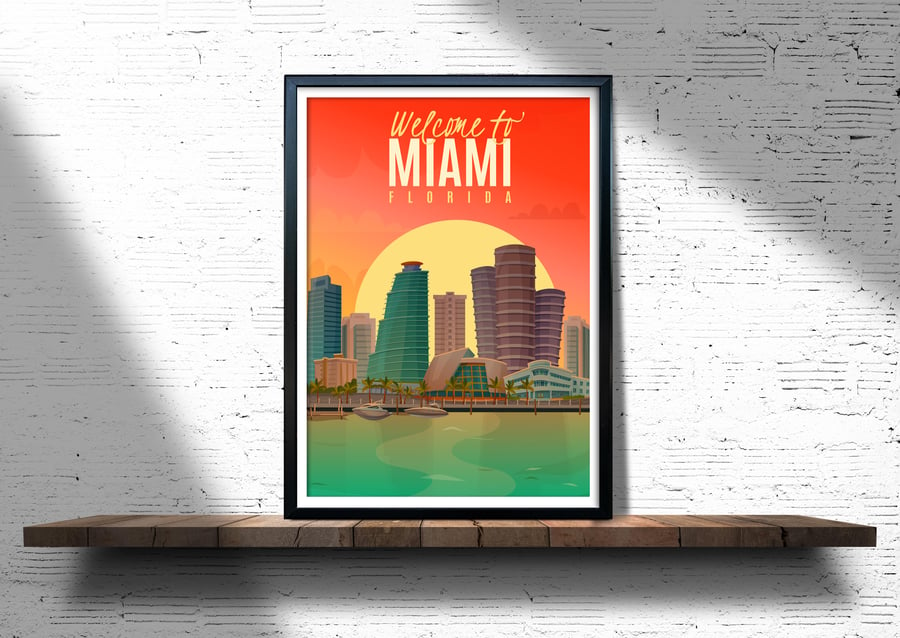 Miami retro travel poster, Miami city wall print, retro wall art