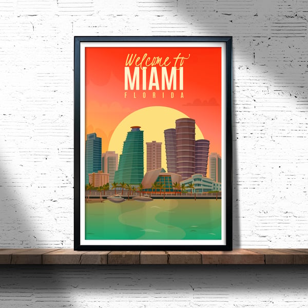Miami retro travel poster, Miami city wall print, retro wall art