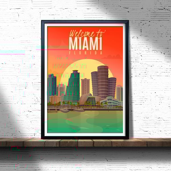 Miami retro travel poster, Miami city wall print, retro wall art