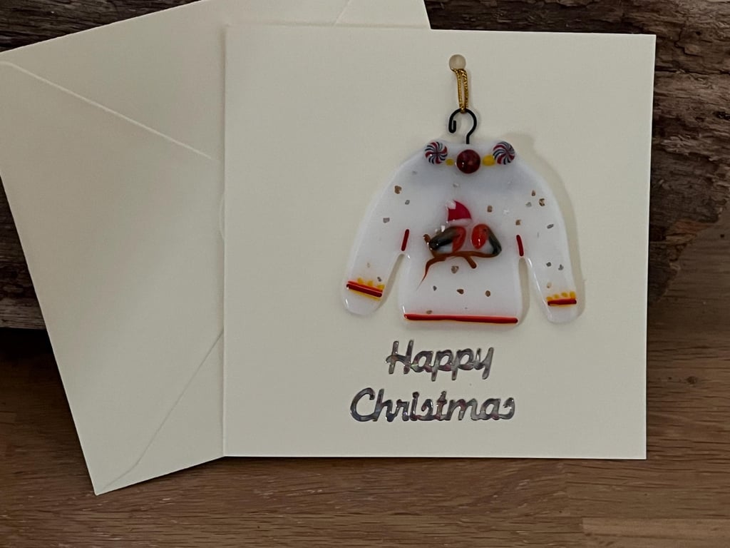 Handmade Detachable Keepsake, Fused Glass Festive Christmas Jumper card 