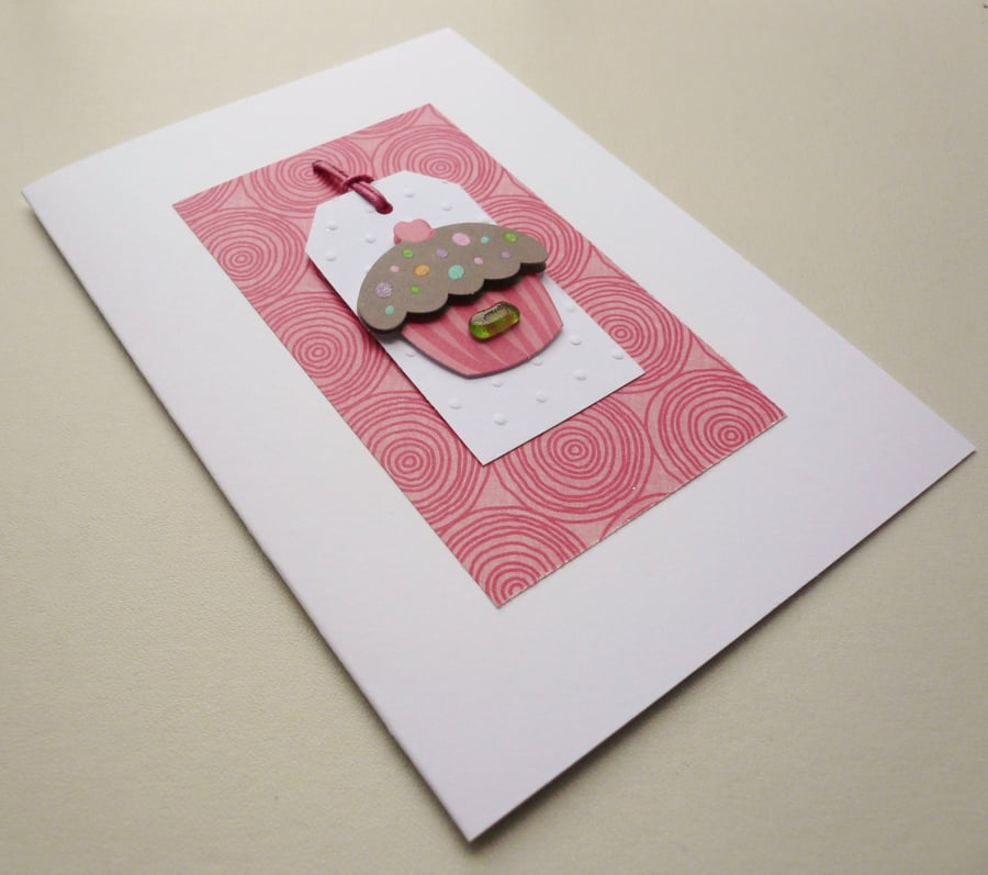 Pink Cupcake Sea Glass Embellished Greetings Card
