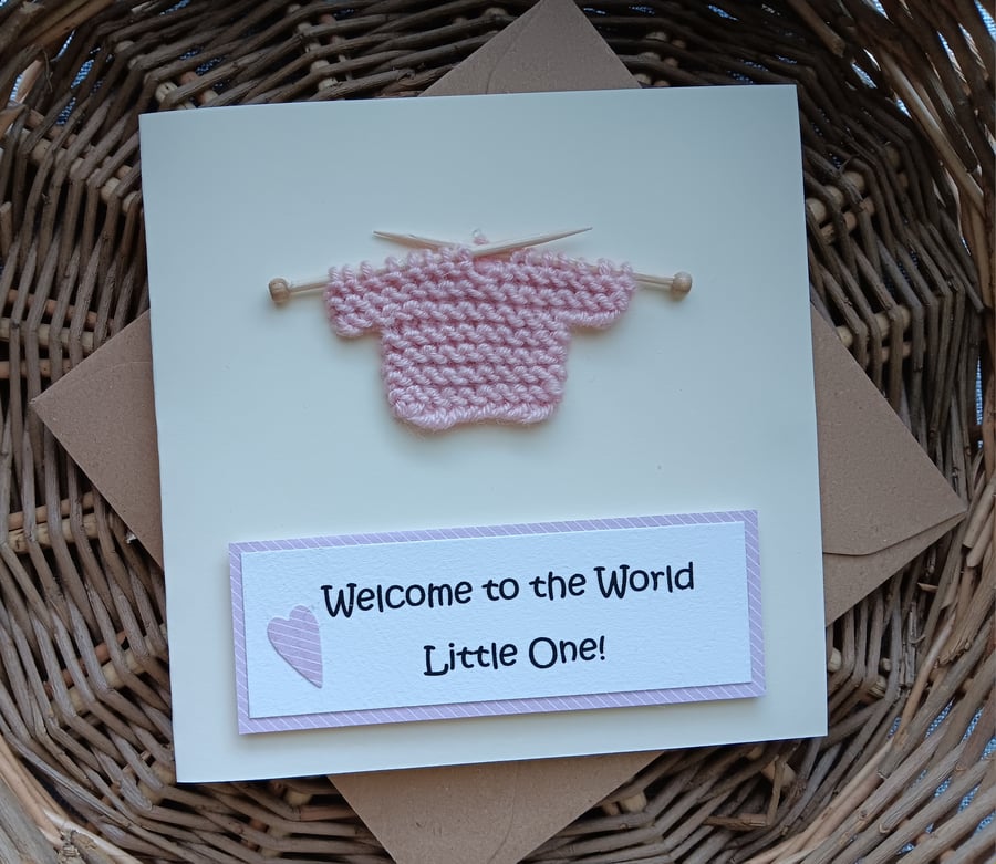 New Baby Girl Birth Congratulations Handmade Card with Knitted Jumper Size 5"x5"