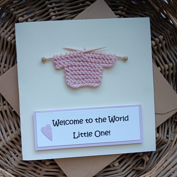 New Baby Girl Birth Congratulations Handmade Card with Knitted Jumper Size 5"x5"