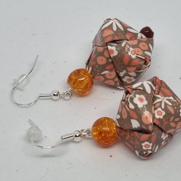 Origami earrings: brown, orange floral design paper and small beads