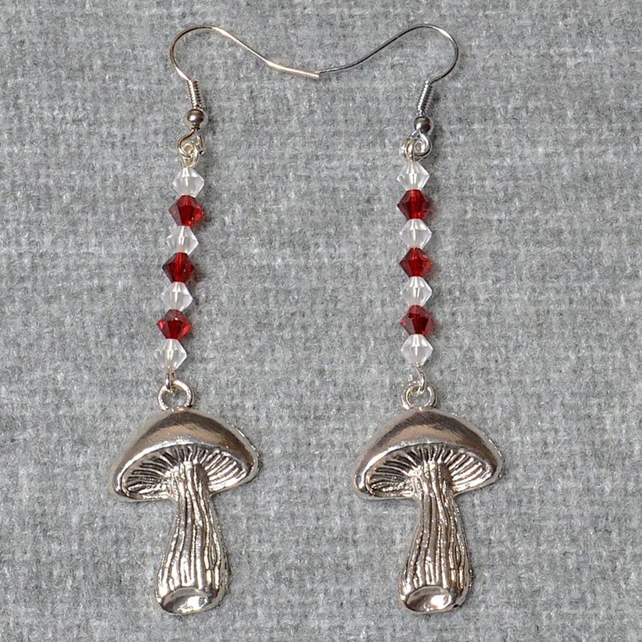 Toadstool Charm Earrings with Red and Clear Crystal Dangle