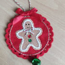 Gingerbread Man Felt Plaque Ornament with Jingle Bell - Tree Decoration 