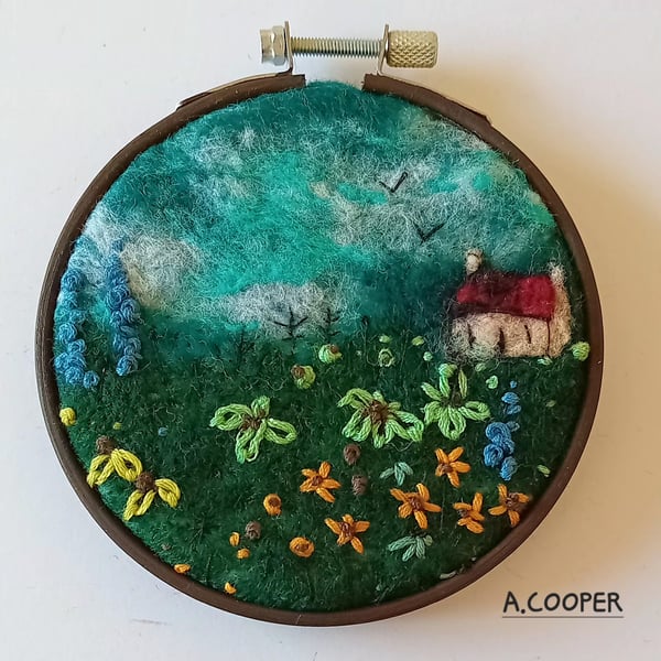 SCOTTISH BOTHY ON THE HILL handmade original needle felted wool landscape 