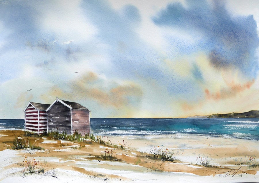 Beach Huts. Original Watercolour Painting.