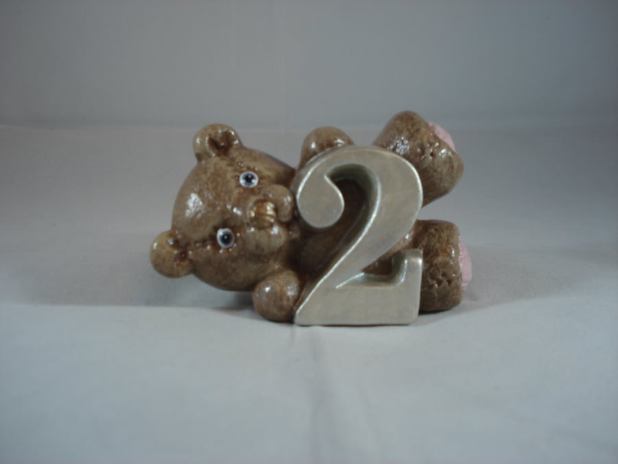 Ceramic Hand Painted Small Brown Bear Two Number Figurine Animal Ornament.