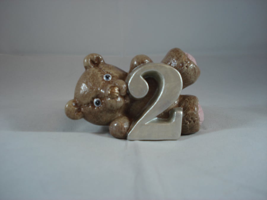 Ceramic Celebration Two Second Birthday Cake Topper Bear Figurine Ornament.
