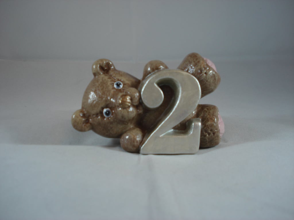 Ceramic Celebration Two Second Birthday Cake Topper Bear Figurine Ornament.