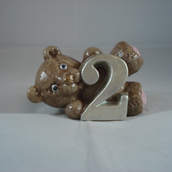 Ceramic Hand Painted Small Brown Bear Two Number Figurine Animal Ornament.