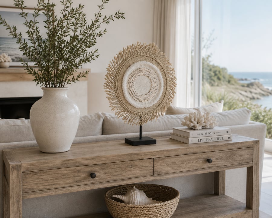 Handmade Cowrie Shell Fibre Art on Stand Coastal, Shelf, Console Table Decor