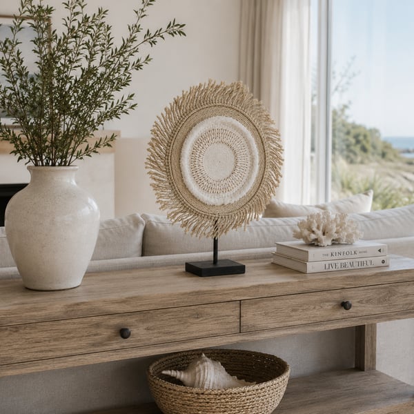 Handmade Cowrie Shell Fibre Art on Stand Coastal, Shelf, Console Table Decor