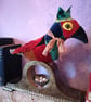 Velvet textile art bird sculpture, bird decoration, vintage OOAK art piece