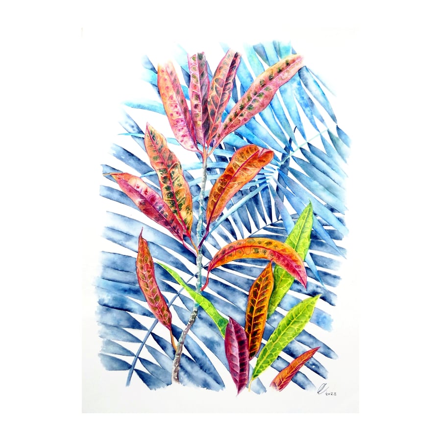 Tropical Croton Leaves Botanical Watercolour Painting