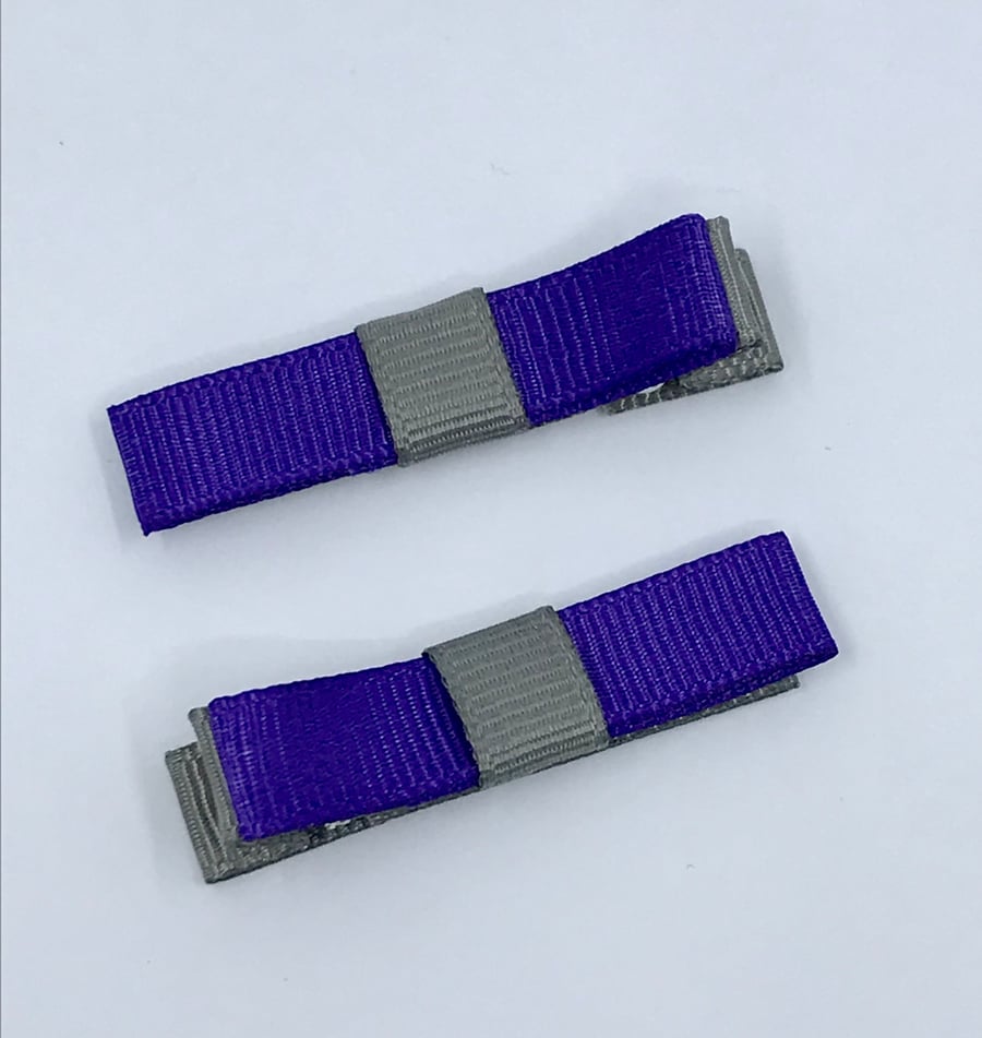 Small Straight Purple and Grey Bow Clips (pair)
