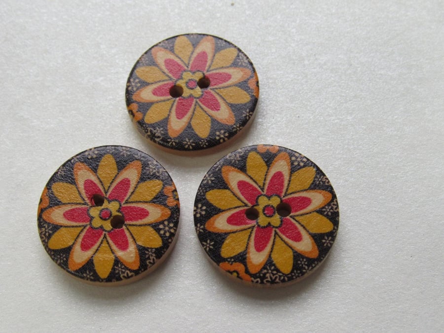 3 Medium Large Painted Black Flower Wooden Craft Buttons