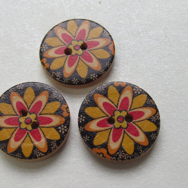 3 Medium Large Painted Black Flower Wooden Craft Buttons