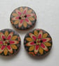 3 Medium Large Painted Black Flower Wooden Craft Buttons - Image 1