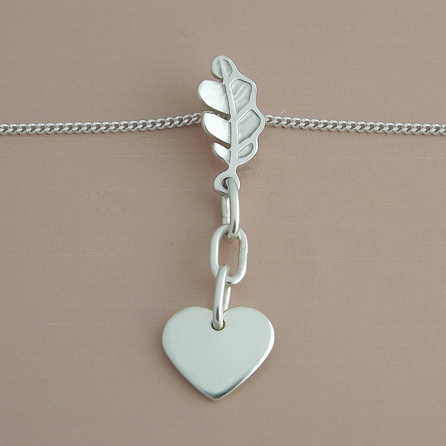 Sterling Silver Oak Leaf, Heart & Chain Pendant – Strength, Love & Togetherness