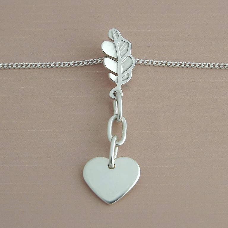 Sterling Silver Oak Leaf, Heart & Chain Pendant – Strength, Love & Togetherness
