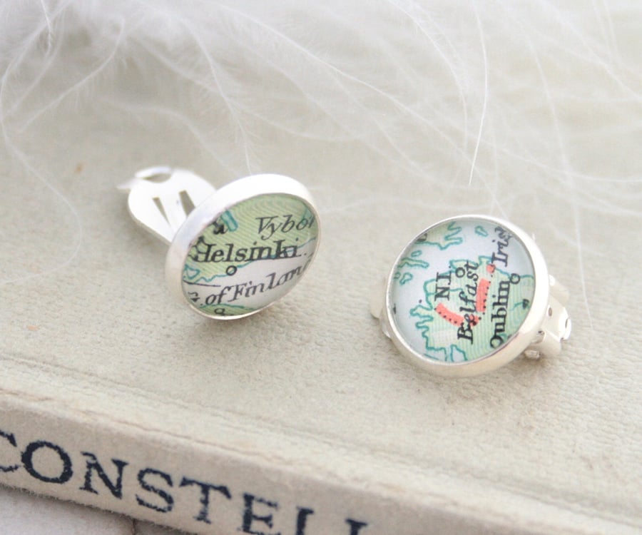 Clip On Map Earrings; Custom Personalised Destination Cruise Jewellery
