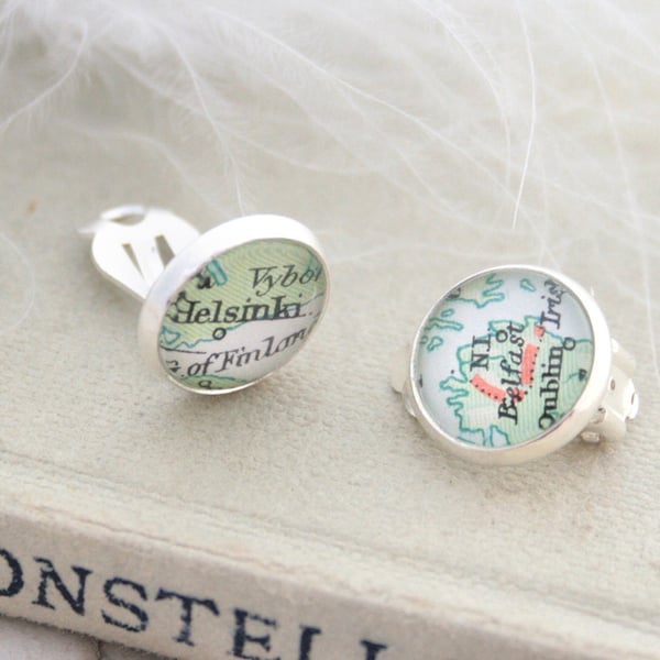 Clip On Map Earrings; Custom Personalised Destination Cruise Jewellery