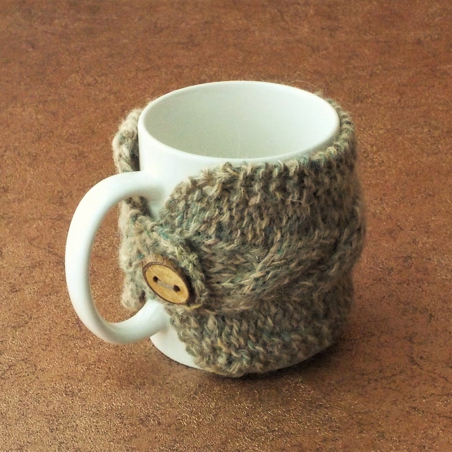 Mug cosy handknit British wool with handmade wooden button yellow grey tweed