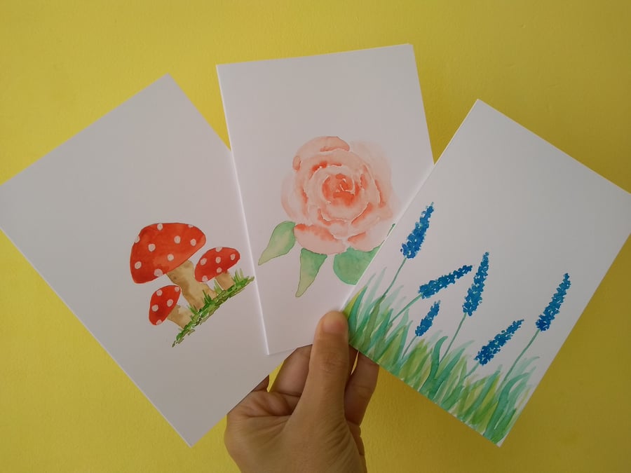 Set of 3 Hand Painted Original Watercolour Greetings Cards Note cards Blank Card